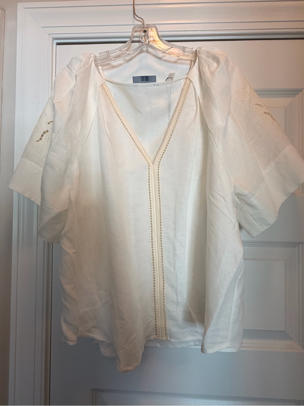 NWT Tahari White Linen Blend Embroidered V-Neck Blouse Top Size XL